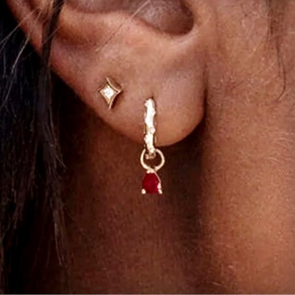 NEW 14K Yellow Gold-Plated White Crystal CZ Encrusted Huggie Hoops w Ruby Dangle - Picture 5 of 16